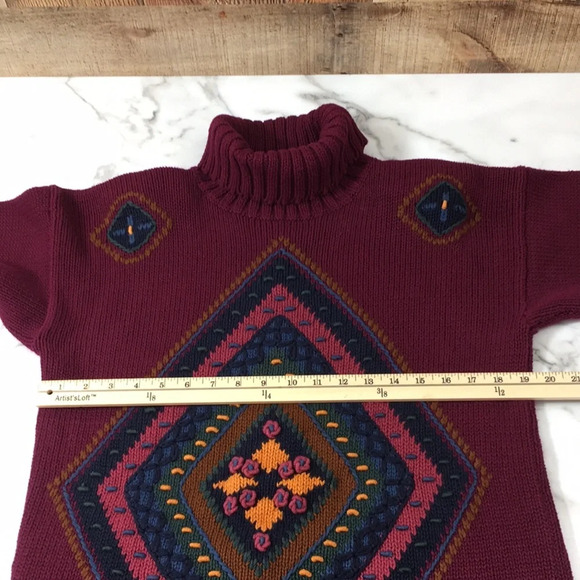 Pasta Vintage Maroon Chunky Knit Turtleneck Sweater Womens Medium Diamond Floral - Picture 7 of 12